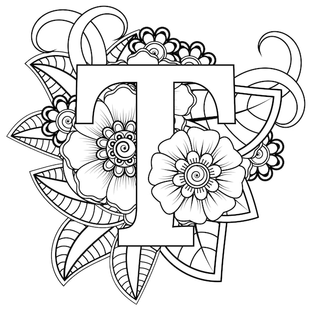 Letra t con adorno decorativo de flor mehndi en tilo ãtnico oriental pãgina de libro para colorear vector premium