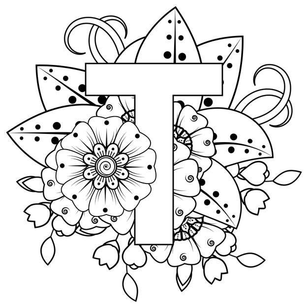 Letra t con adorno decorativo de flor mehndi en tilo ãtnico oriental pãgina de libro para colorear vector premium