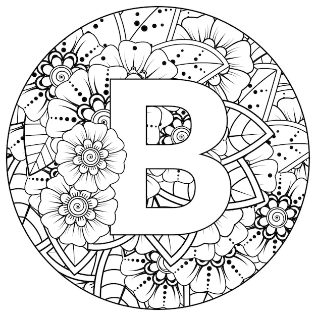 Premium vector letter b with mehndi flower decorative ornament in ethnic oriental style coloring book page