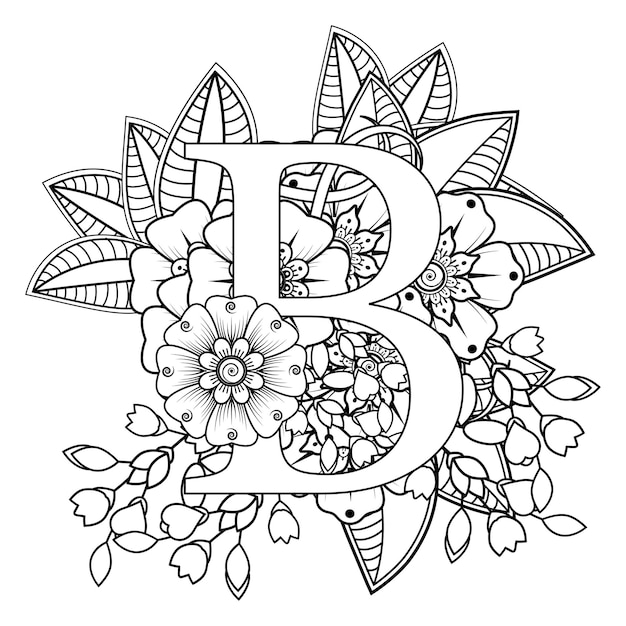 Premium vector letter b with mehndi flower decorative ornament in ethnic oriental style coloring book page