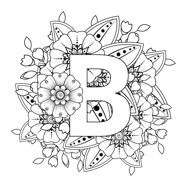 Premium vector letter b with mehndi flower decorative ornament in ethnic oriental style coloring book page