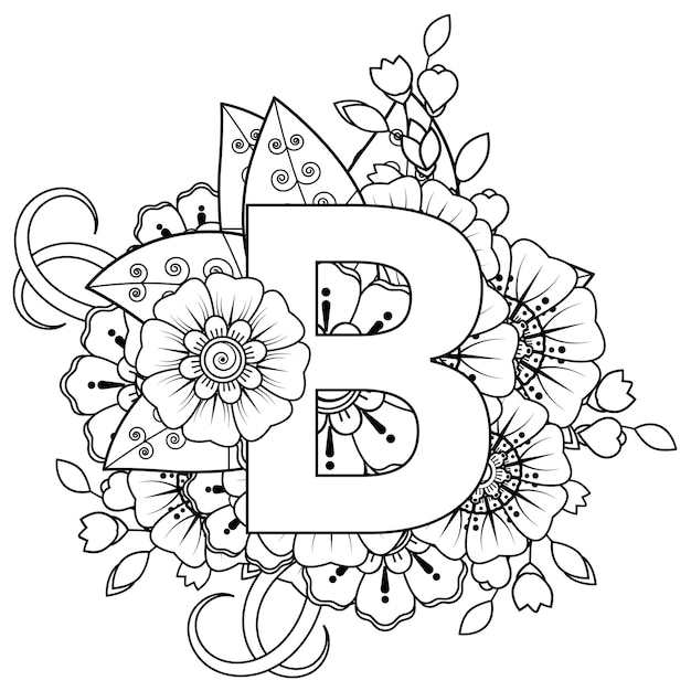 Premium vector letter b with mehndi flower decorative ornament in ethnic oriental style coloring book page