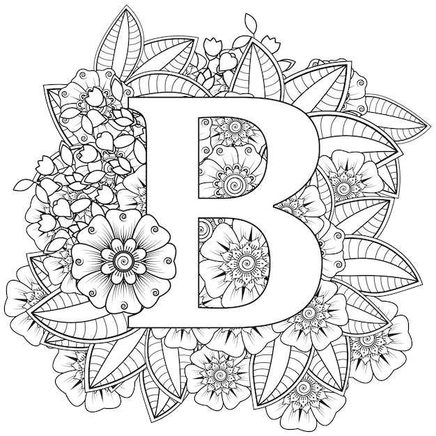 Premium vector letter b with mehndi flower decorative ornament in ethnic oriental style coloring book page