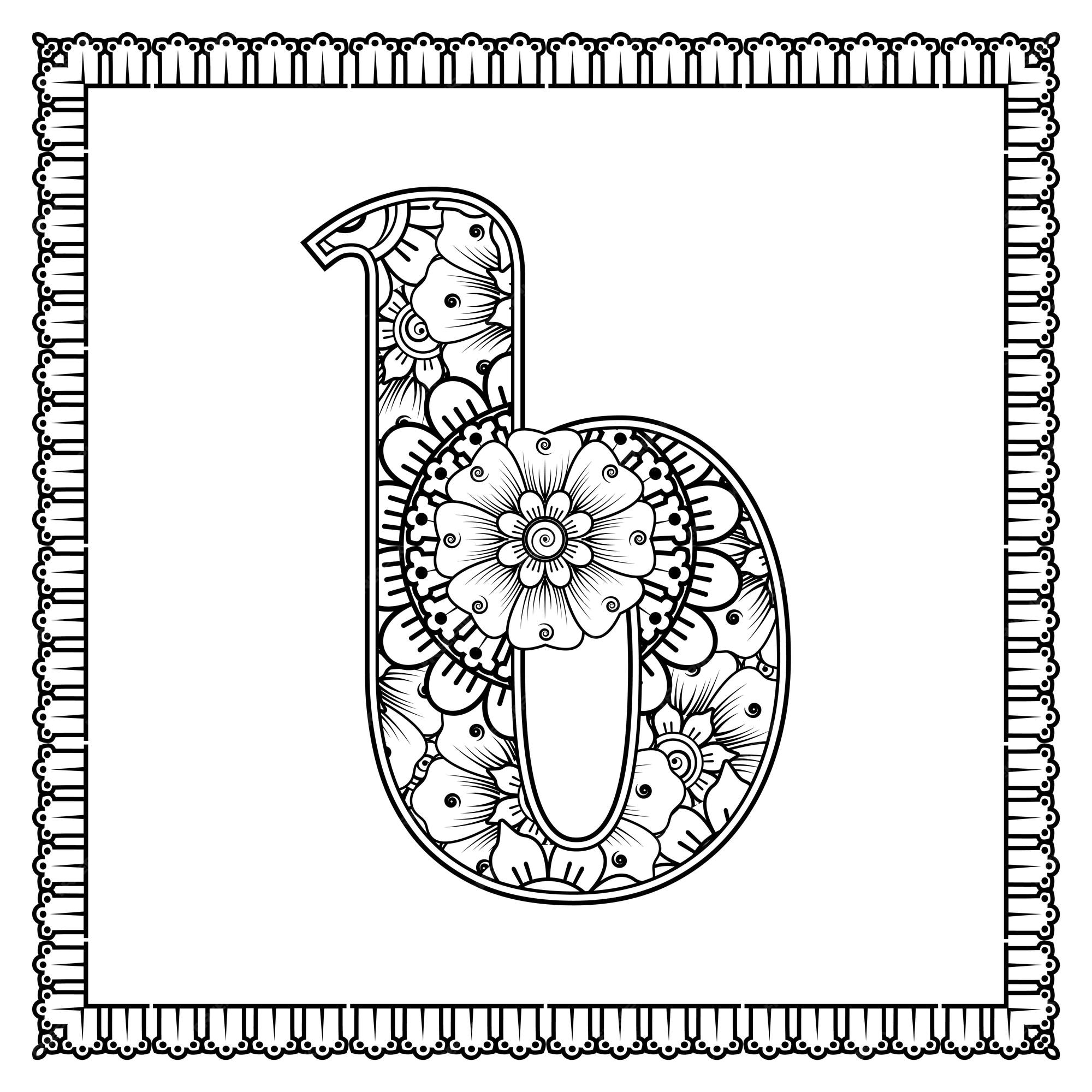 Premium vector letter b with mehndi flower decorative ornament in ethnic oriental style coloring book page
