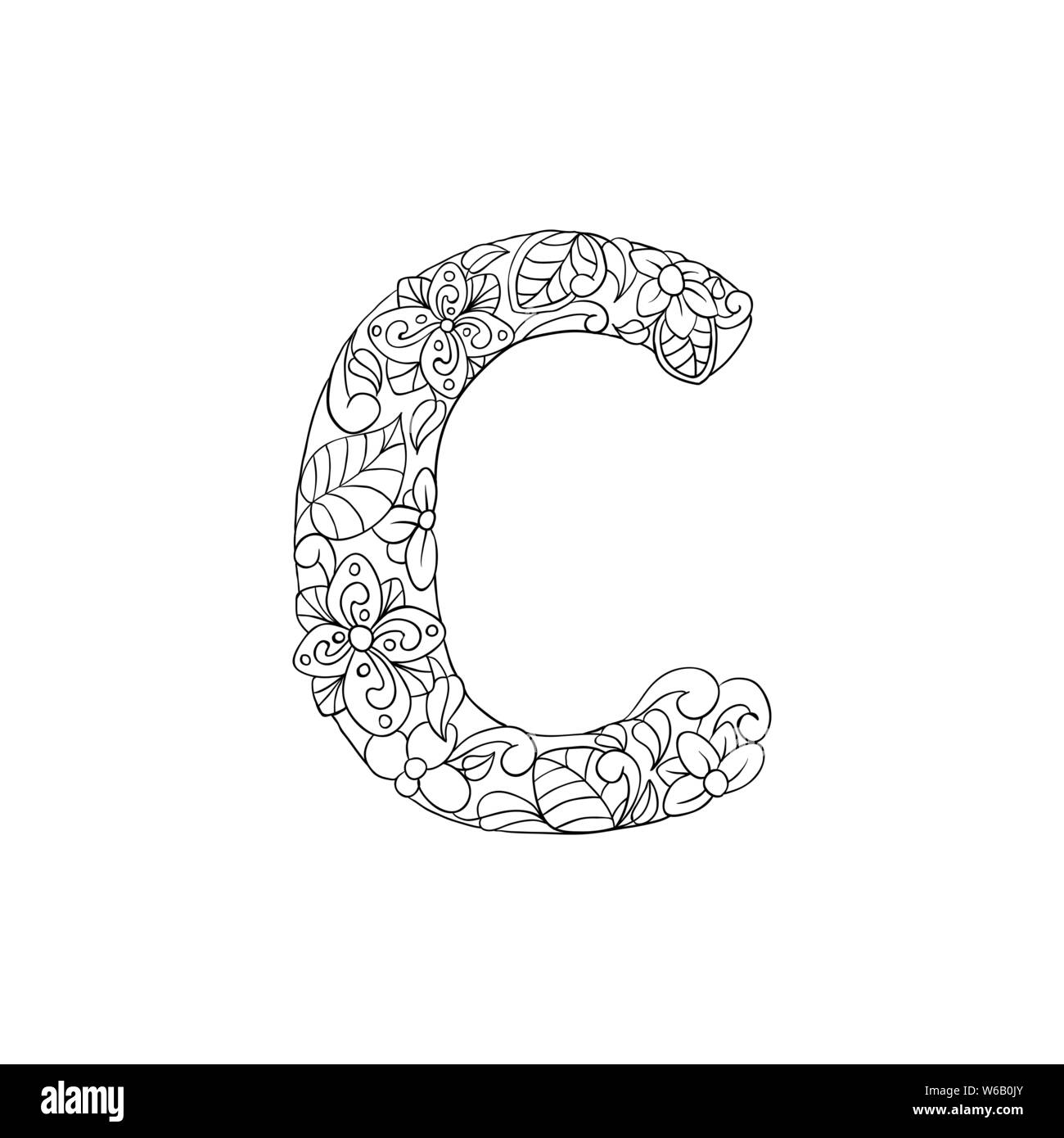 Coloring book floral ornamental alphabet initial letter c font vector typography symbol antistress page for adults and monogramsisolated poster or cover design stock vector image art