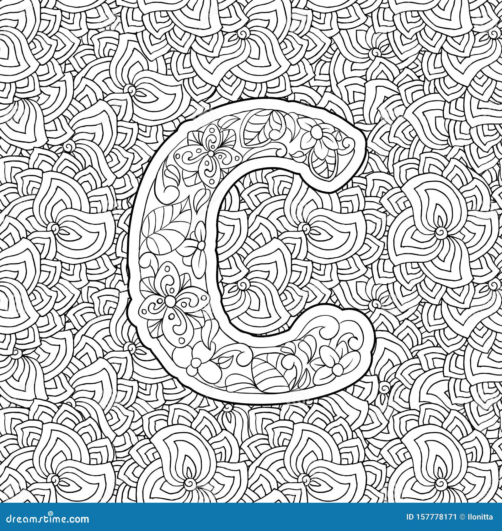 Coloring book ornamental alphabet letter c font stock vector