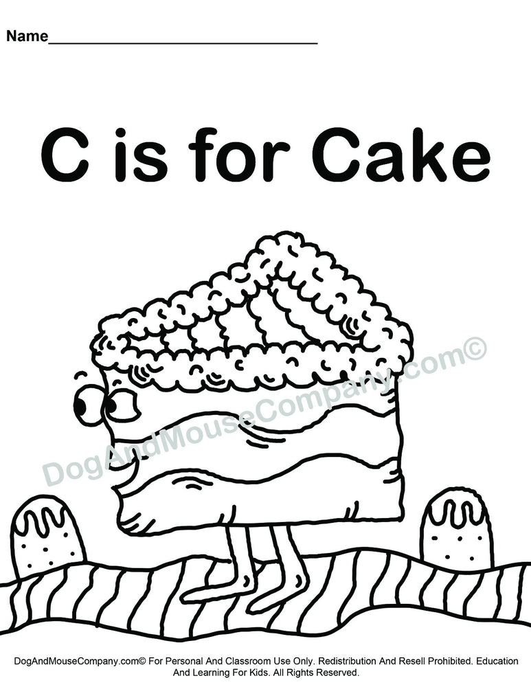 C is for cake coloring page learn your abcs worksheet printable d â dog and mouse pany