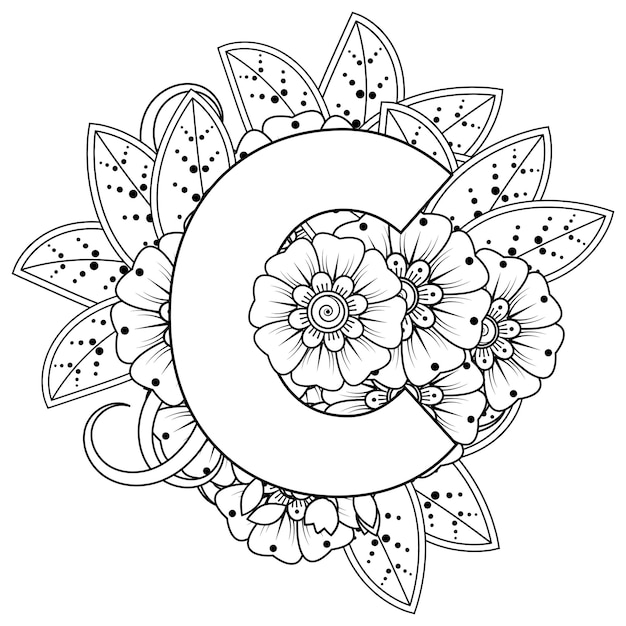 Premium vector letter c with mehndi flower decorative ornament in ethnic oriental style coloring book page