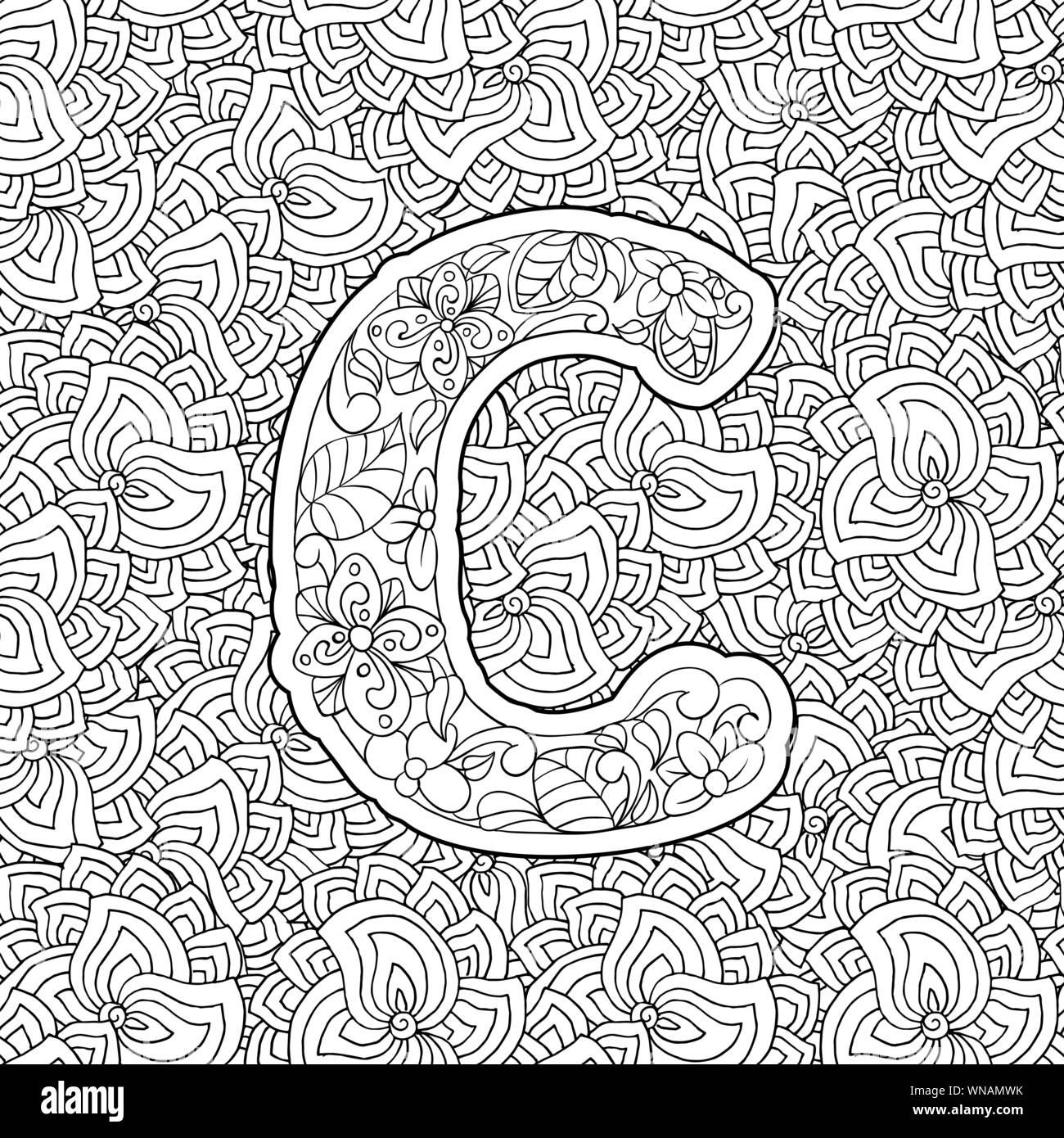 Coloring book floral ornamental alphabet initial letter c font vector typography symbol antistress page for adults and monograms isolated ornament design on patterned background stock vector image art