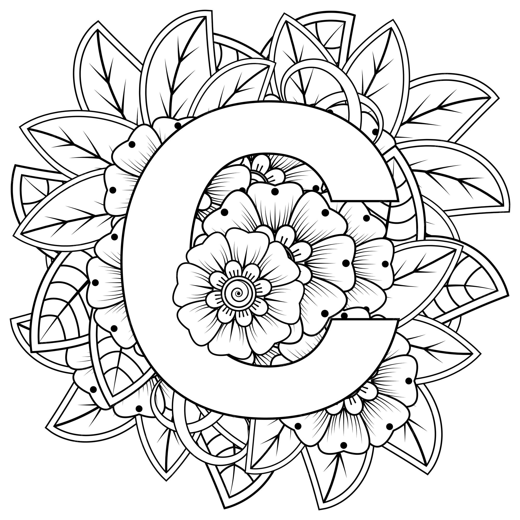 Premium vector letter c with mehndi flower decorative ornament in ethnic oriental style coloring book page