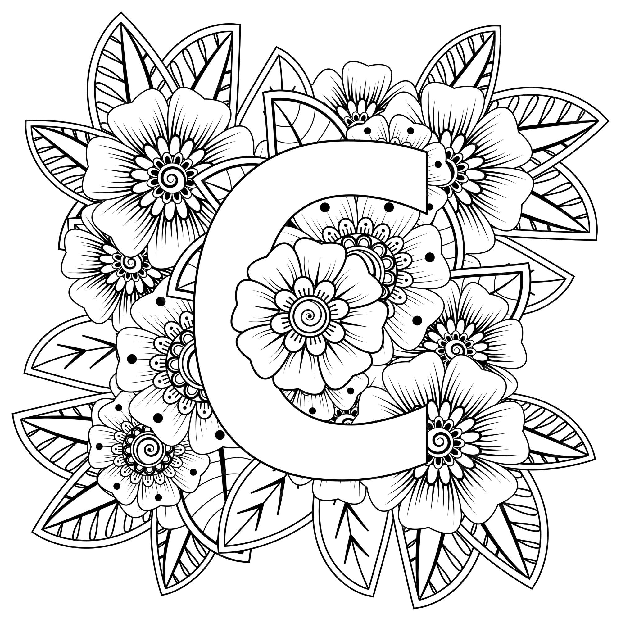 Premium vector letter c with mehndi flower decorative ornament in ethnic oriental style coloring page
