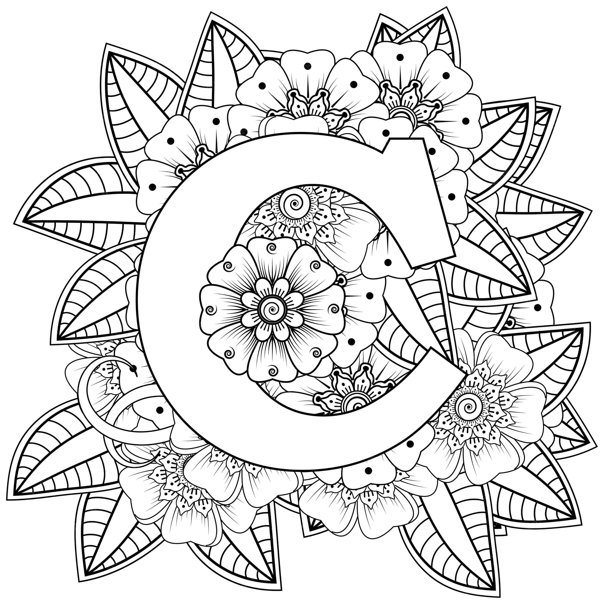 Premium vector letter c with mehndi flower decorative ornament in ethnic oriental style coloring book page