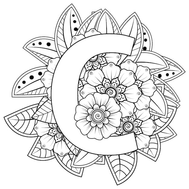 Premium vector letter c with mehndi flower decorative ornament in ethnic oriental style coloring book page