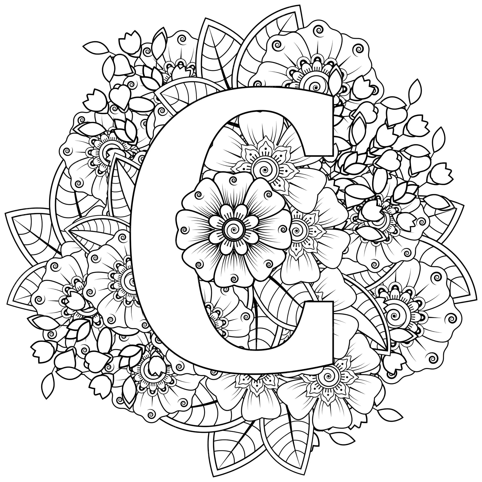 Premium vector letter c with mehndi flower decorative ornament in ethnic oriental style coloring book page