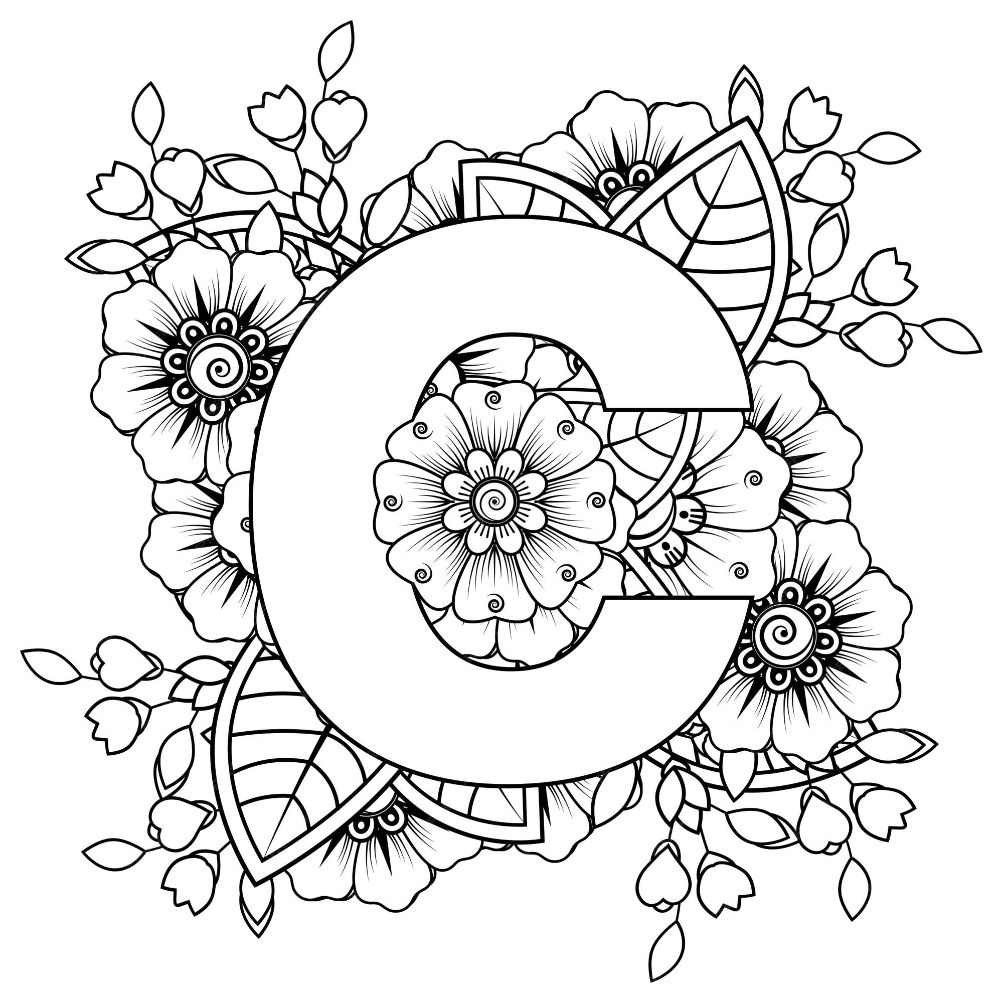 Premium vector letter c with mehndi flower decorative ornament in ethnic oriental style coloring book page