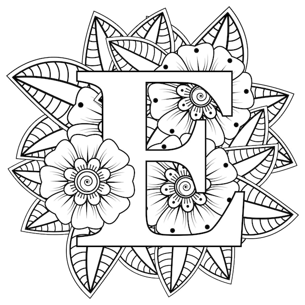 Premium vector letter c with mehndi flower decorative ornament in ethnic oriental style coloring book page