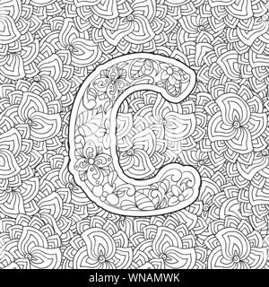 Coloring book floral ornamental alphabet initial letter c font vector typography symbol antistress page for adults and monograms isolated ornament design on patterned background stock vector image art