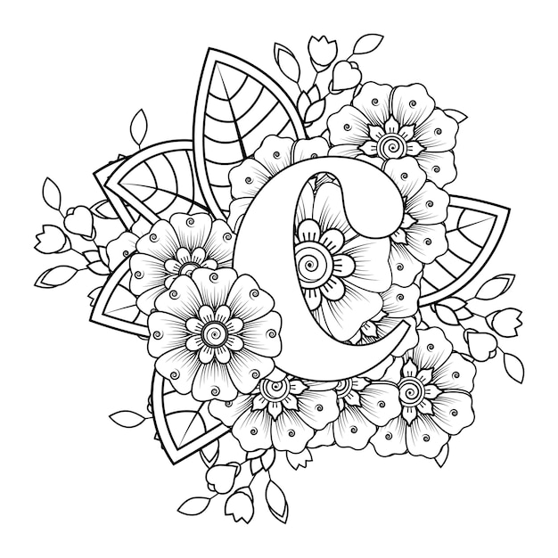 Premium vector letter c with mehndi flower decorative ornament in ethnic oriental style coloring book page