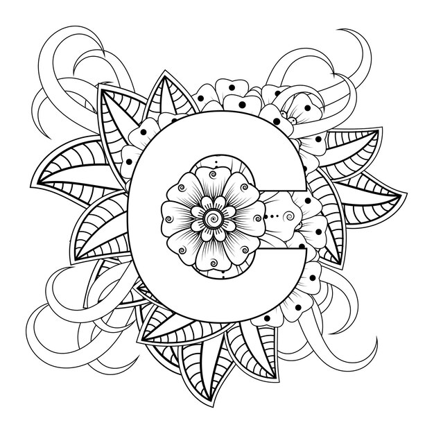 Premium vector letter c with mehndi flower decorative ornament in ethnic oriental style coloring book page
