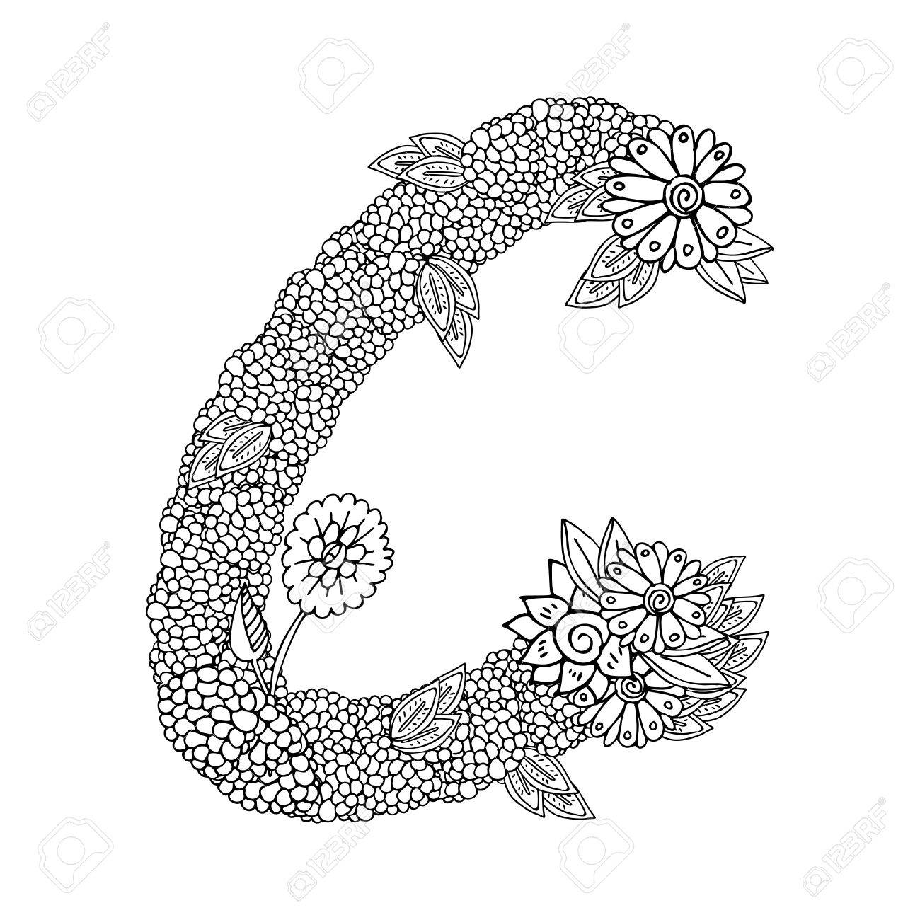 Shaped pattern of capital letter c decorated with floral ornament coloring book page for adult royalty free svg cliparts vectors and stock illustration image