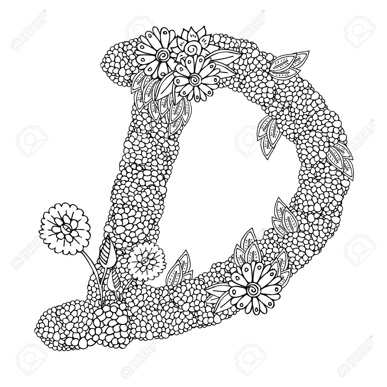 Shaped pattern of capital letter d decorated with floral ornament coloring book page for adult royalty free svg cliparts vectors and stock illustration image