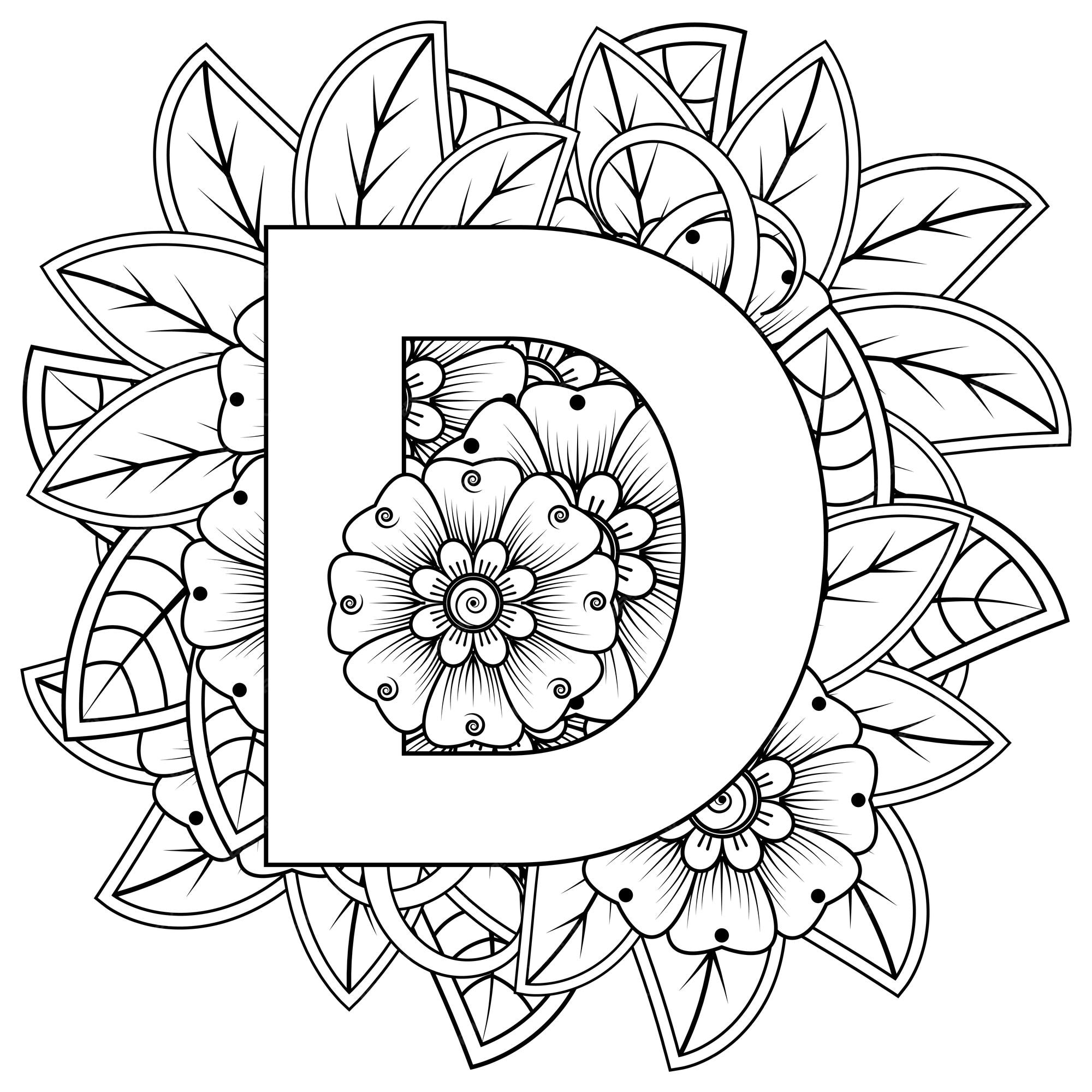 Premium vector letter d with mehndi flower decorative ornament in ethnic oriental style coloring book page