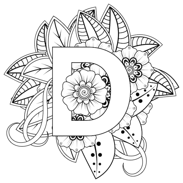 Premium vector letter d with mehndi flower decorative ornament in ethnic oriental style coloring book page