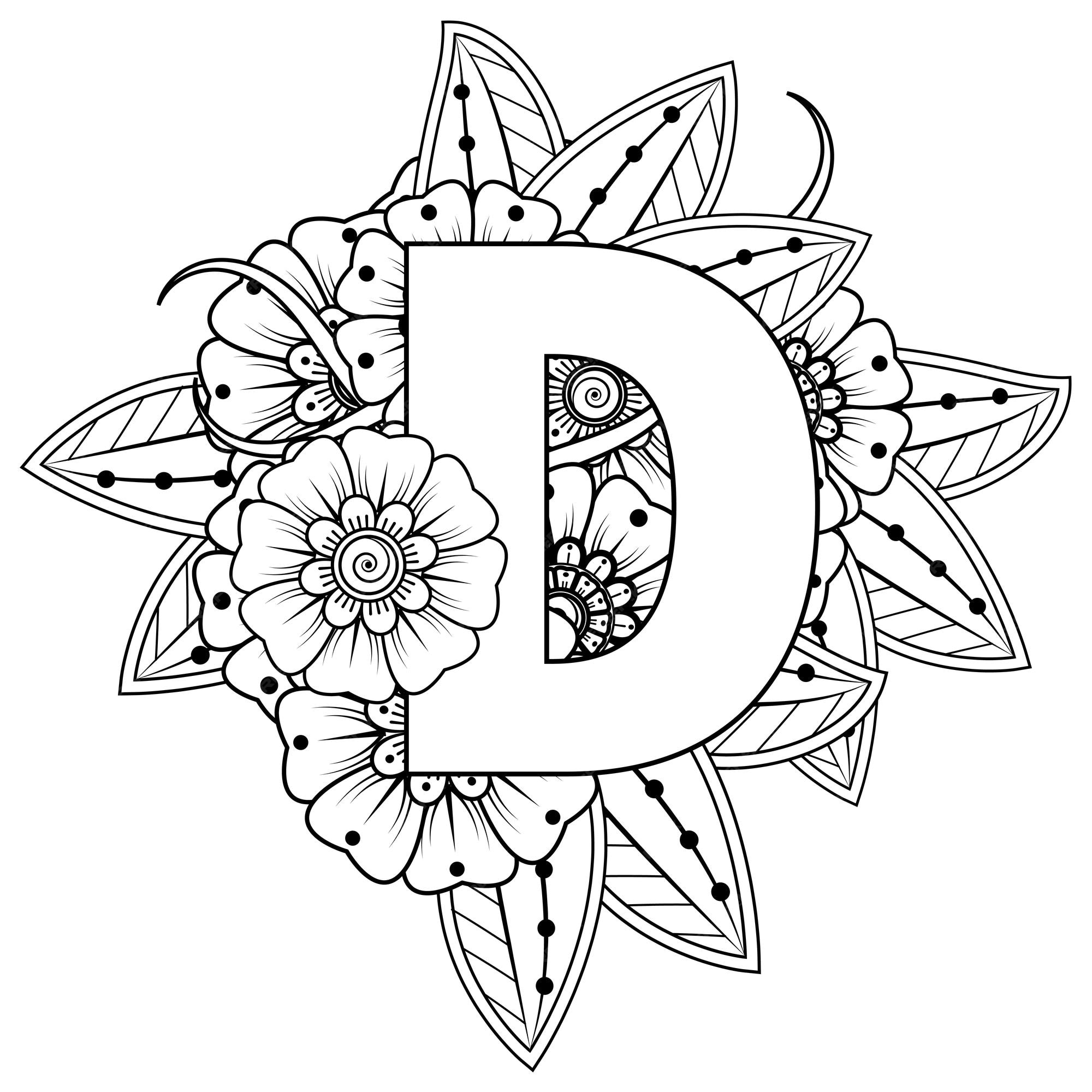 Premium vector letter d with mehndi flower decorative ornament in ethnic oriental style coloring book page