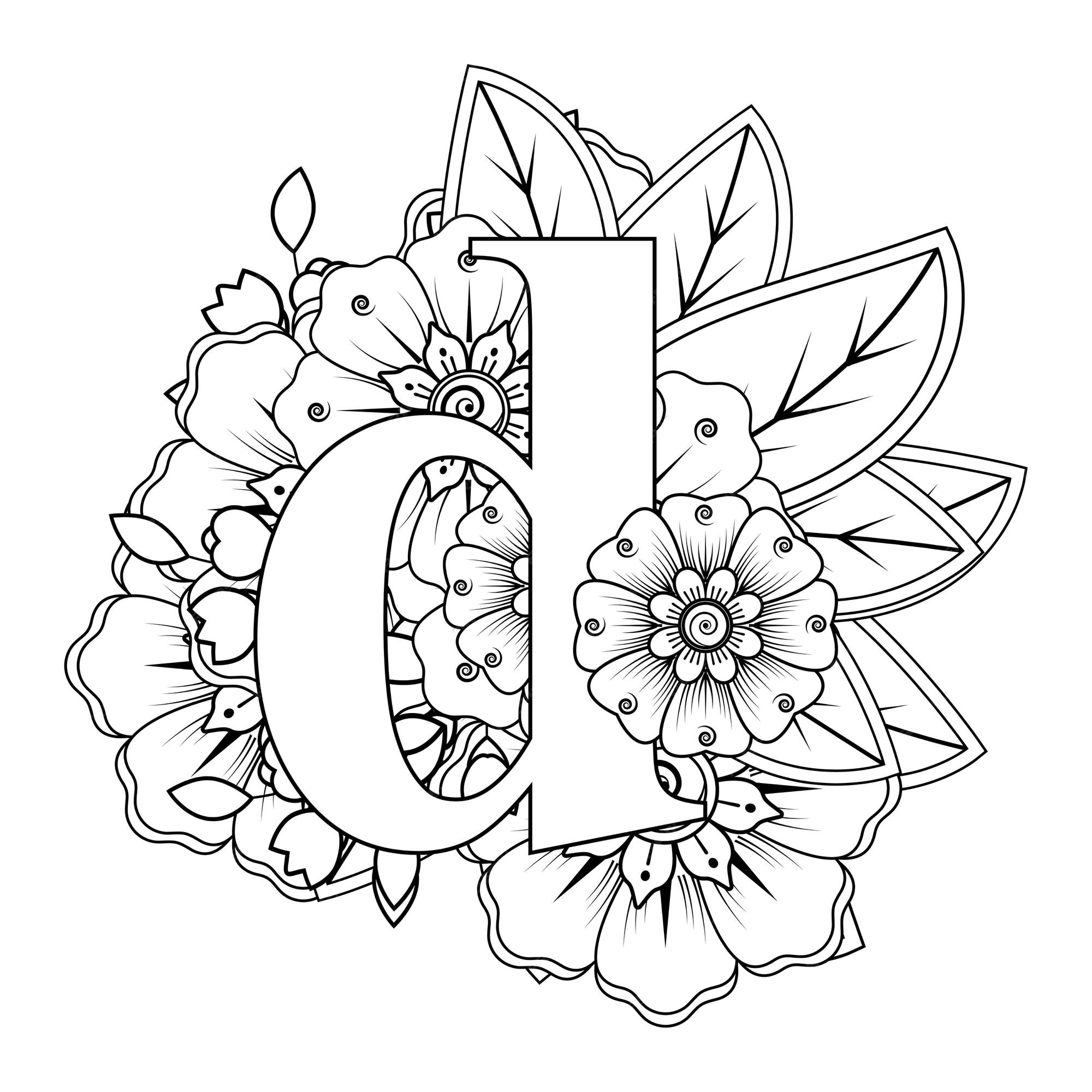 Premium vector letter d with mehndi flower decorative ornament in ethnic oriental style coloring book page