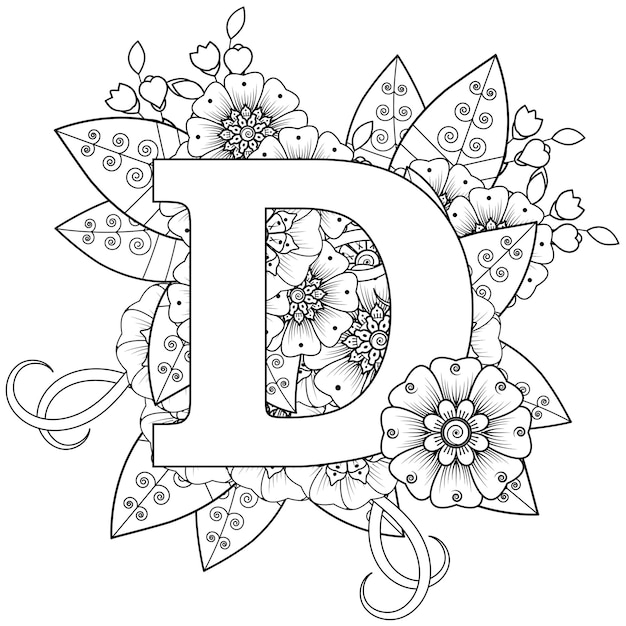 Premium vector letter d with mehndi flower decorative ornament in ethnic oriental style coloring book page