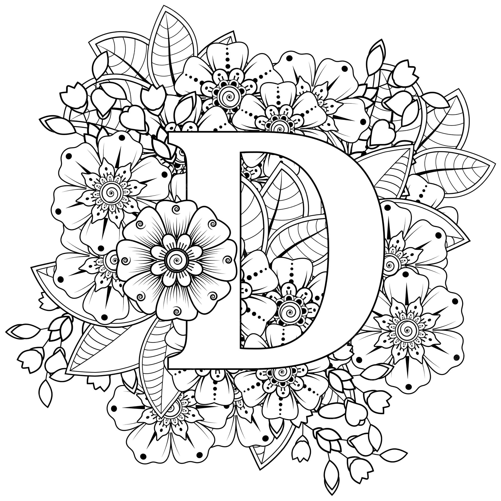 Premium vector letter d with mehndi flower decorative ornament in ethnic oriental style coloring book page