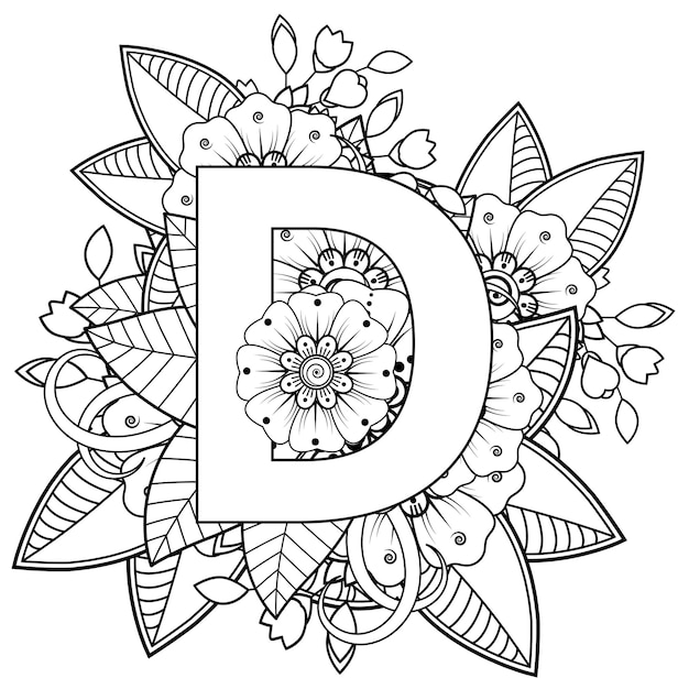 Premium vector letter d with mehndi flower decorative ornament in ethnic oriental style coloring book page