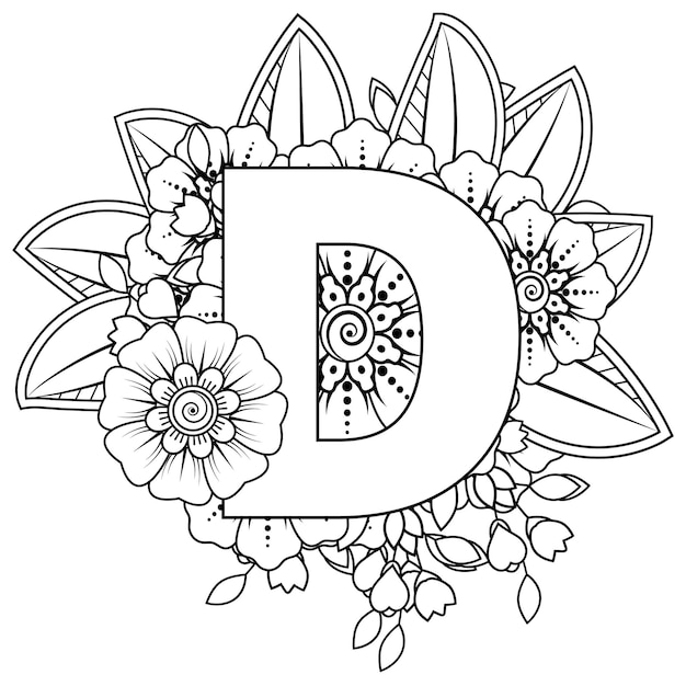 Premium vector letter d with mehndi flower decorative ornament in ethnic oriental style coloring book page