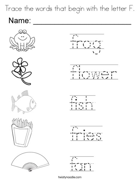 Trace the words that begin with the letter f coloring page
