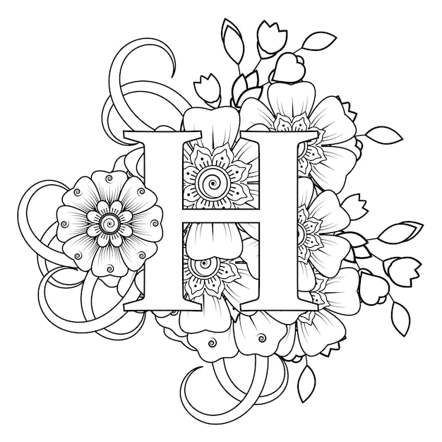 Premium vector letter h with mehndi flower decorative ornament in ethnic oriental style coloring book page