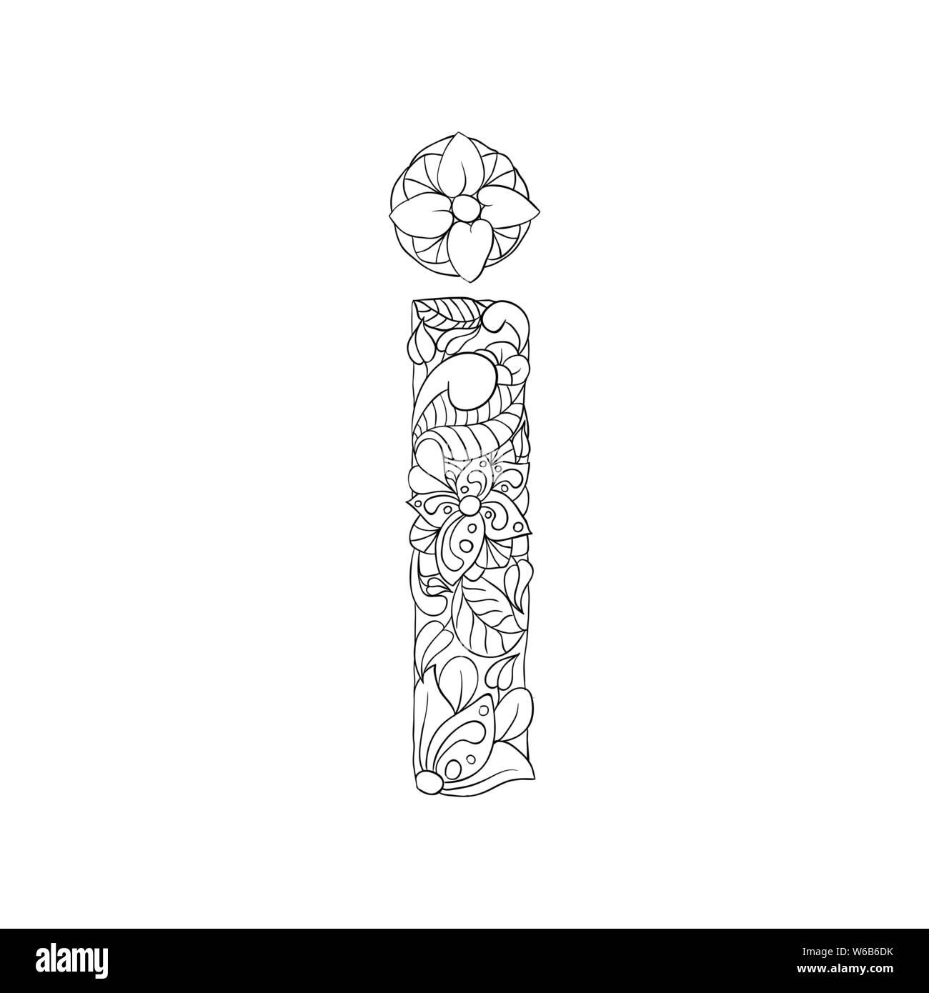 Coloring book floral ornamental alphabet initial letter i font vector typography symbol antistress page for adults and monogramsisolated poster or cover design stock vector image art