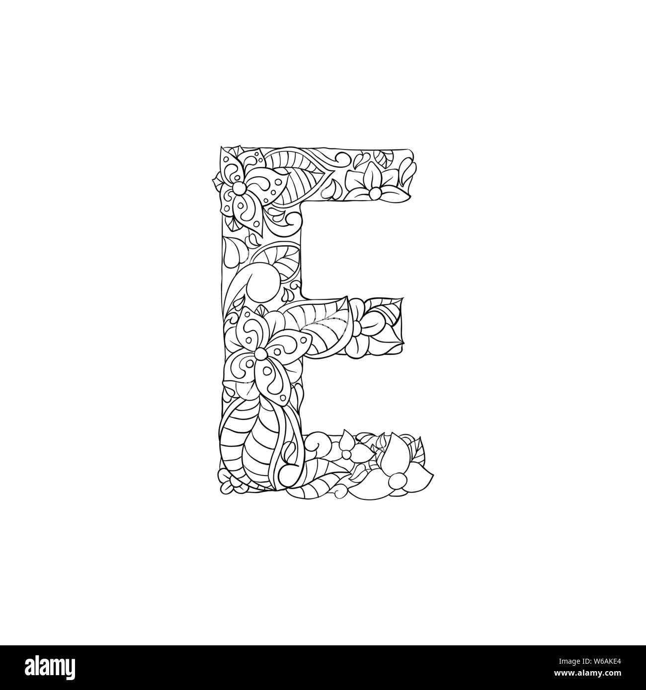 Coloring book floral ornamental alphabet initial letter e font vector typography symbol antistress page for adults and monogramsisolated poster or cover design stock vector image art
