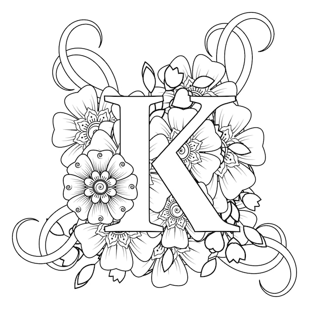 Premium vector letter k with mehndi flower decorative ornament in ethnic oriental style coloring book page
