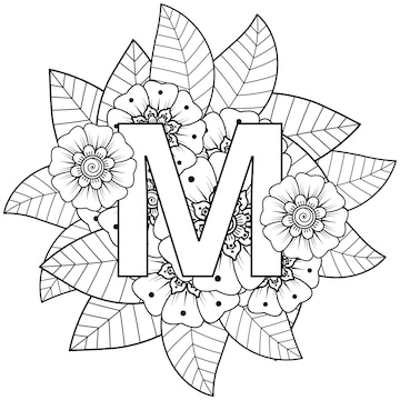 Premium vector letter m with mehndi flower decorative ornament in ethnic oriental style coloring book page