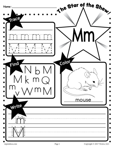 Letter m worksheet tracing coloring writing more â