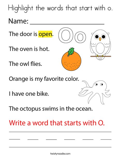 Highlight the words that start with o coloring page