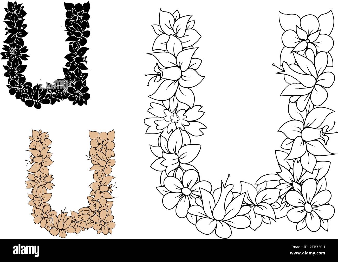 Decorative alphabet letter u in lowercase font with vintage floral pattern in colorless outline black and brown variations stock vector image art