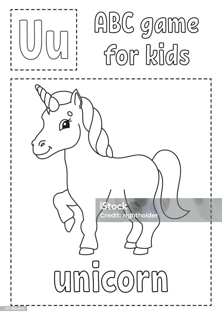 Letter u is for unicorn abc game for kids alphabet coloring page cartoon character word and letter vector illustration stock illustration