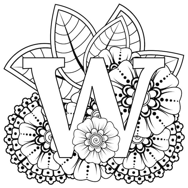 Premium vector letter w with mehndi flower decorative ornament in ethnic oriental style coloring book page