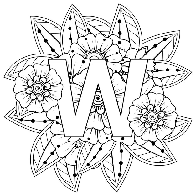 Premium vector letter w with mehndi flower decorative ornament in ethnic oriental style coloring book page