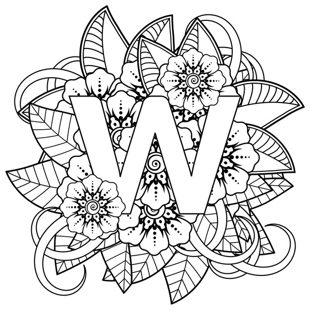 Premium vector letter w with mehndi flower decorative ornament in ethnic oriental style coloring book page