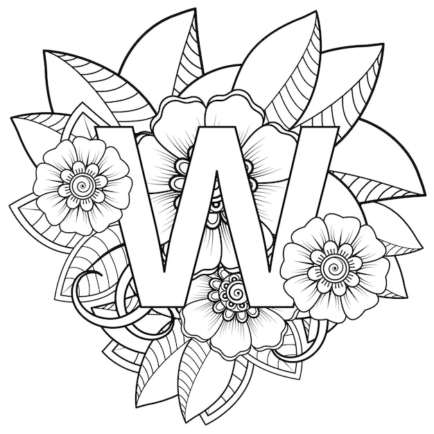 Premium vector letter w with mehndi flower decorative ornament in ethnic oriental style coloring book page