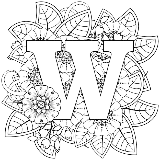 Premium vector letter w with mehndi flower decorative ornament in ethnic oriental style coloring book page