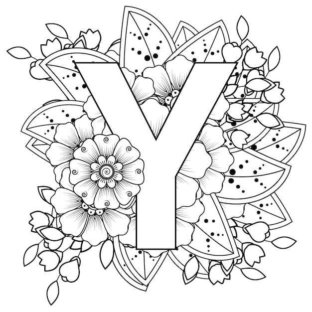 Premium vector letter y with mehndi flower decorative ornament in ethnic oriental style coloring book page