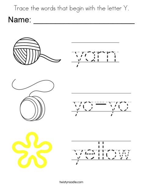 Trace the words that begin with the letter y coloring page
